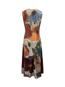 Vestito estivo casual da donna, stile boho, con stampa floreale su tutto il corpo e senza maniche