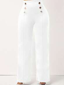 UREREM Damen Hose mit hoher Taille, Metall Schnallen Dekor, geradem Bein, 200G Strickstoff, lässig elegant, weites Bein, minimalistischer Stil, höhenverstärkend, weiß - Weiss - Übersicht 5