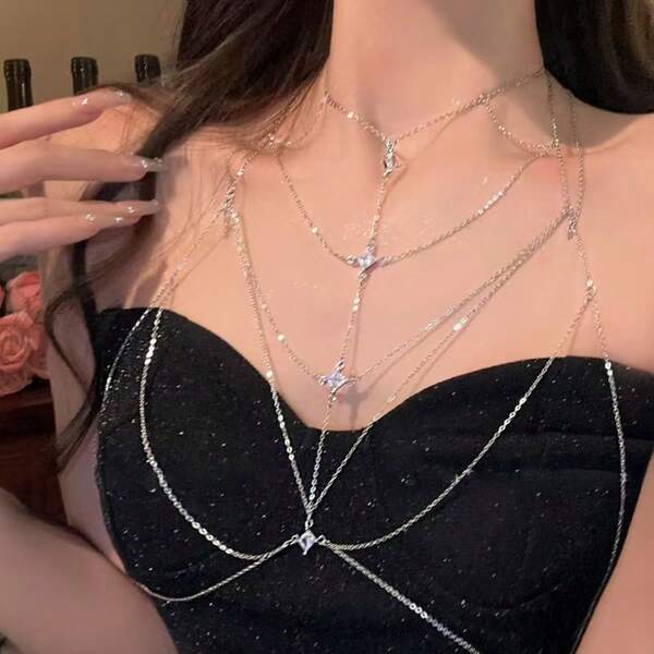 1pc Minimalist Crystal Tassel Multi-Layer Body Chain For Women, Suitable For Dates, Vacations, Parties, Beaches, Daily Wear, Summertime