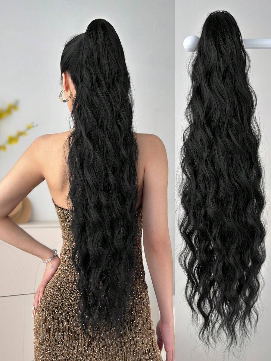 Tóc giả đuôi ngựa màu đen dài 32 inch, kiểu sóng nước, chịu nhiệt, phù hợp cho bé gái và phụ nữ sử dụng hàng ngày.