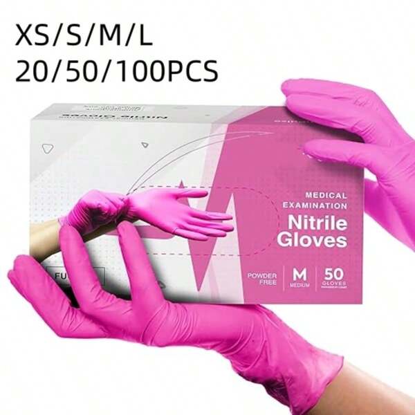 Guanti monouso in nitrile rosa senza polvere, per uso in cucina, tatuaggi e uso da parte di estetiste, guanti da pulizia rosa (confezione bestseller da 20, 50, 100)