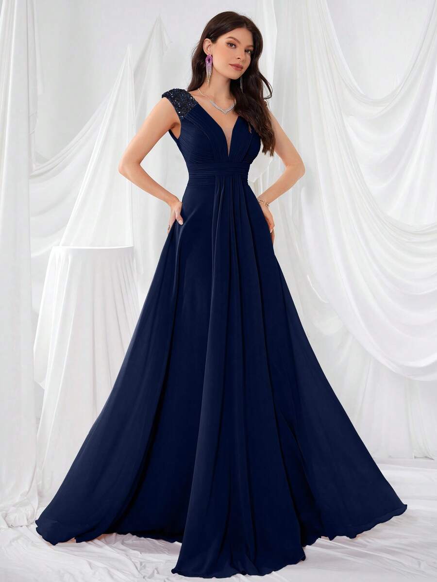 UNITHORSE V-Neck Ruffle Sleeve Pleated Leaf Net Mesh Splice Party Evening Dress (Random Cut), Bride Dress, Birthday Women Outfits, Graduation Dress, Formal Dress, Bridesmaid Dress - Navy Blue - View 1