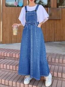 Women Casual Pocket Maxi Length Denim Dungaree Dress - Medium Wash - View 6