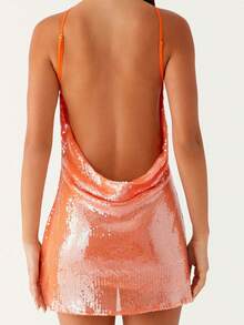 Women Mini Dress Sequins Sleeveless Spaghetti Strap Dress Summer Fashion Backless Dress - trái cam - Xem 4