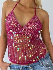 Women's Halter Neck Vest Summer Sleeveless Open Back Slim Fit Tie Up Sequins Tank Tops - Màu Hồng Tươi - Xem 6
