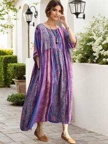 Plus Size Light Dress,2025 Summer Elegant Women's Dress, Plus-Size Women's Dress, Traditional Dress, Purple Striped Print Sleeved Round Neck Swing Dress, Summer Casual Holiday Style Everyday Wear,