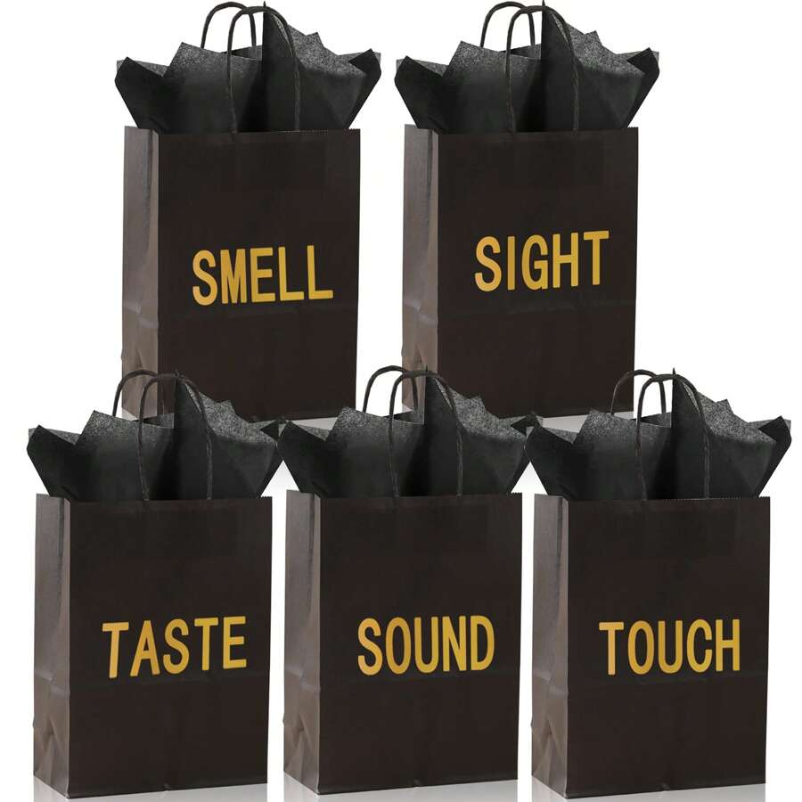5-Sinne Geschenktüte, passend für Ihn/Sie, beinhaltet 10 Stücke Taschentücher, Papiertüte mit Griff, 5 Sinnes-Geschenkgegenstände, großartig für Valentinstag, Weihnachten, Geburtstag, Hochzeitstag (Schwarz, 21 x 11 x 27 cm)