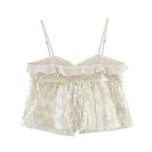 ZEVITY Blusa de tirantes con volantes, lentejuelas y diseño en patchwork, para verano