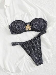 Biquíni sexy com estampa aleatória, traje de banho de duas peças para férias na praia, verão