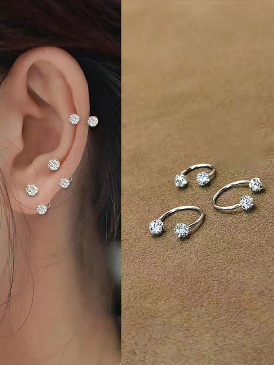 Nooxian 3件套女士不锈钢C形水晶球耳夹耳环 - 銀色 - 查看 1