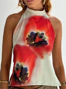 Women Y2k Floral Tie Top Coquette Boho Bow Backless Sleeveless Tank Top Summer Going Out Cami Top Fairy Streetwear - 杏色 - 查看 1