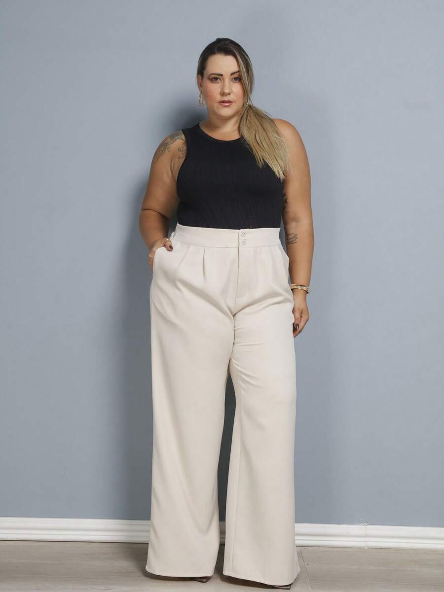 Plus Size Tailored Pants High Waist With Elastic Women's Butt Shaper Comfortable Elegant Versatile With Button Large Size EXG - Màu be - Xem 1