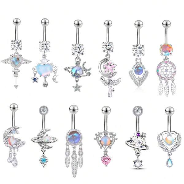 14G Stainless Steel Flower Navel Piercing Jewelry CZ Crystal Heart Butterfly Navel Rings Pendant For Women