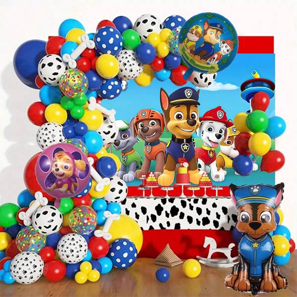 Paw Patrol Authorized 136Pcs Red, Yellow And Blue Colored Birthday Party Balloons And Backdrops Decoration Supplies, 29.3in*17in Special-Shaped Police Dog Aluminum Foil Balloons, 18-Inch Aluminum Foil Balloons Red And Blue Latex Balloons