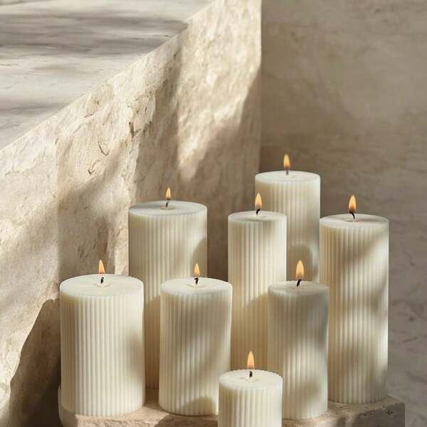 5-20cm Ribbed Soy Wax Pillar Candles - Modern White Wick Decor For Weddings, Spa, Church & Home - Ideal , Perfect For Best Friend & Women's Presents, Bedroom Decor, Home Decor
