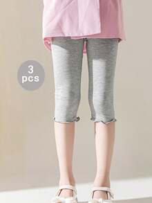 3 件套女童春季新款可爱印花打底裤，儿童松紧腰蕾丝花边针织打底裤