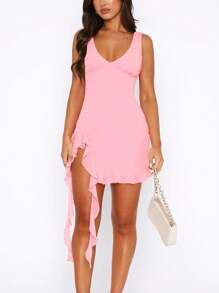 European & American Style Sexy V-Neck Asymmetrical Open Back Mini Dress, Versatile Party Wear Sundress, Summer