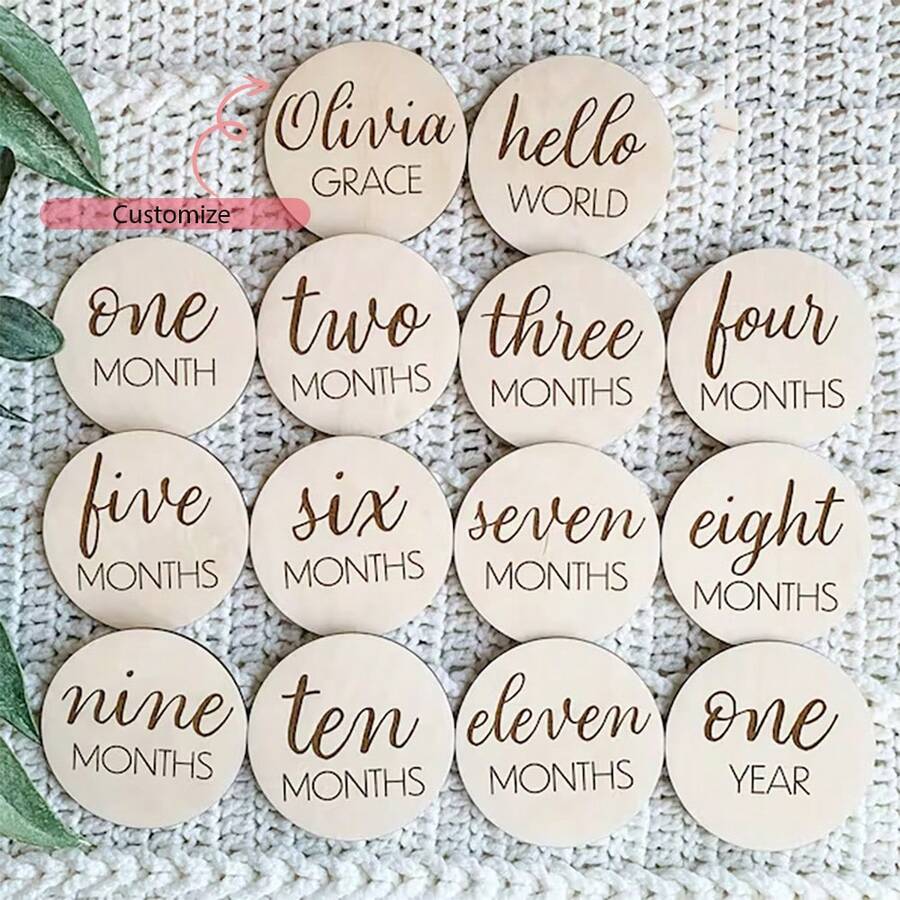 Personalized Custom Name Hello World 1-12 Month Wood Monthly Milestone Discs Son Daughter Gender Reveal BabyShower New Mom New Parents Keepsake Gift Photo Prop Birth Announcement Card Markers Sign - Natural - View 1
