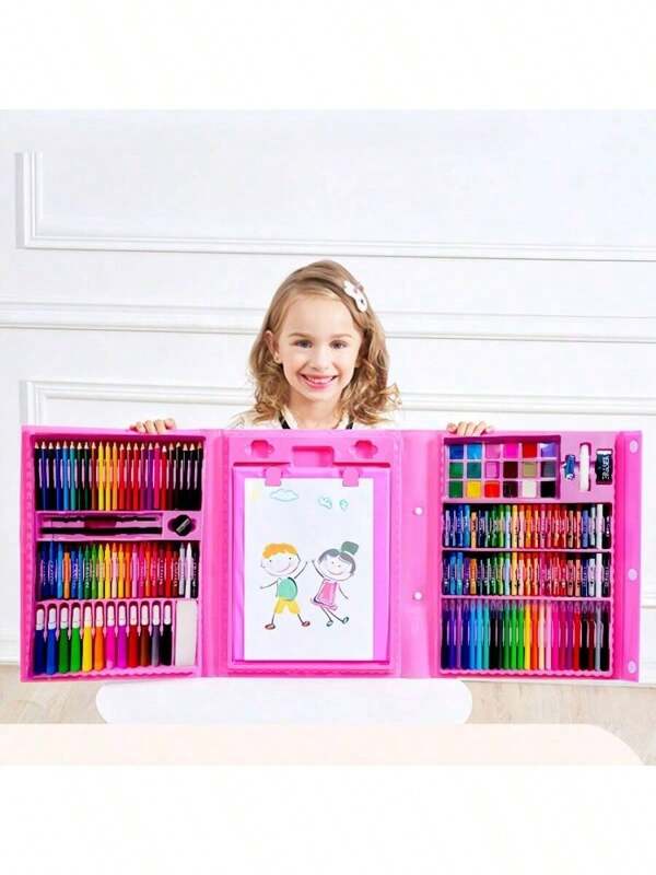 208pcs/Set Children's Art Drawing Kit, Including Markers, Colored Pencils, Erasers, Sharpeners, Paint Box, Back To School/Birthday Gift, School Supplies (Package Design And Internal Item Colors Are Random)