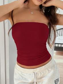 Women's Summer Sexy Strapless Basis Vest Double Layered Thickened Opaque Fashion Solid Elastic Slim Fit Tube Top For Women Four Seasons Wear - Màu Đỏ Sâu - Xem 2