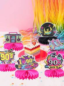 9 Piezas Centros de mesa de panal con tema retro de rock de los 90, decoración de mesa nostálgica de papel con temática hip hop de 1990, decoración de tapa de mesa y accesorios para fotos para fiestas, decoración del hogar, fiesta de cumpleaños vintage, decoración de centro de mesa