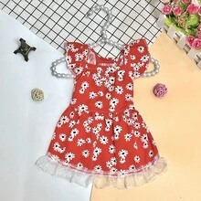 Dog Dress With Ruffle Sleeves, Daisy Flower Decor, Leash Attached, Cute Princess Style For Pets, Spring/Summer - Red - View 2