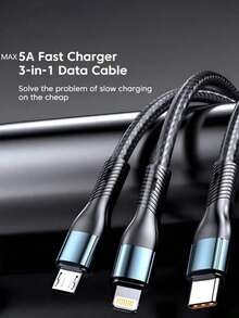 Durcord MFI Certified 3-In-1 MAX 120W Multi-Charging Cable With Excellent Durability, Type-C Fast Charging, Perfect Compatible With Iphone, Android Phones, And Tablets,Compatible With Iphone 16/15/14/13/12/11/ S24/S23/S22/S21, - Blue Black - View 3
