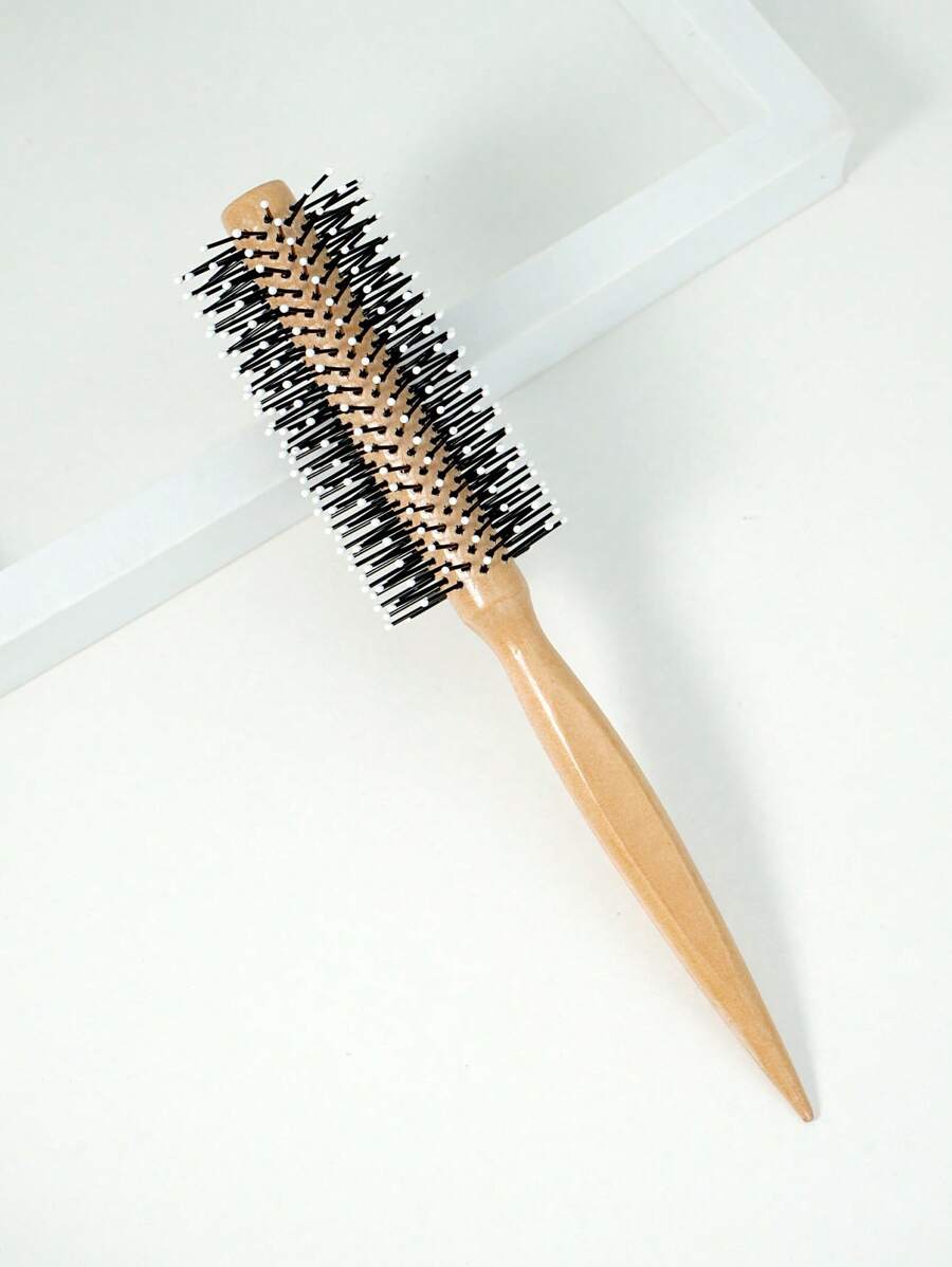1 pieza Cepillo de cabello redondo para peinar, secar y rizar con mango de madera natural, cerdas de nylon, para peinar, rizar y desenredar el cabello, antideslizante, para uso en seco y mojado, accesorio de peluquería y de viaje para hombres y mujeres