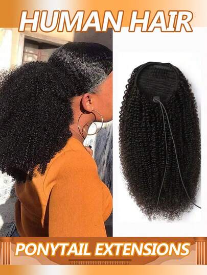 Queue de cheval avec cordon Afro en cheveux humains pour femmes, Bun en cheveux humains vierges brésiliens Afro Kinky Bouclés, Extensions de queue de cheval Clip-In en cheveux humains, couleur naturelle
