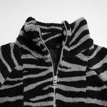 Women Loose Casual Stand Collar Faux Sherpa Lined Jacket, Autumn/Winter - Black/Gray - View 3