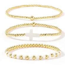 1/3pcs Set Bohemian Classic Minimalist Golden Bead Bracelet Set, Elastic 18K Gold Plated Cross Bead Bracelet, Stacking Golden Bead Bracelets, Classic Minimalist Golden Bead Bracelet, Minimalist Fashionable Personalized Bracelet, Perfect Gift For Her, Valentine's Day Gift, Anniversary Gift, Wedding Gift, Mother's Day Gift, Friend Gift