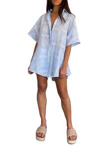 Women's Summer Short Boho Jumpsuit Half Sleeve Lapel Button Up Pattern Print Playsuit - Baby Blue - View 2