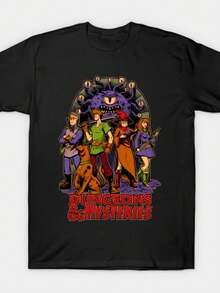[Vintage Cartoon T-Shirt]  Pure Cotton Dungeons And Mysteries - RPG Vintage Dog Cartoon T-Shirt - Loose Design Anime Print Retro Round Neck Men's Short Sleeved T-Shirt 275G - 黑色 - 查看 1