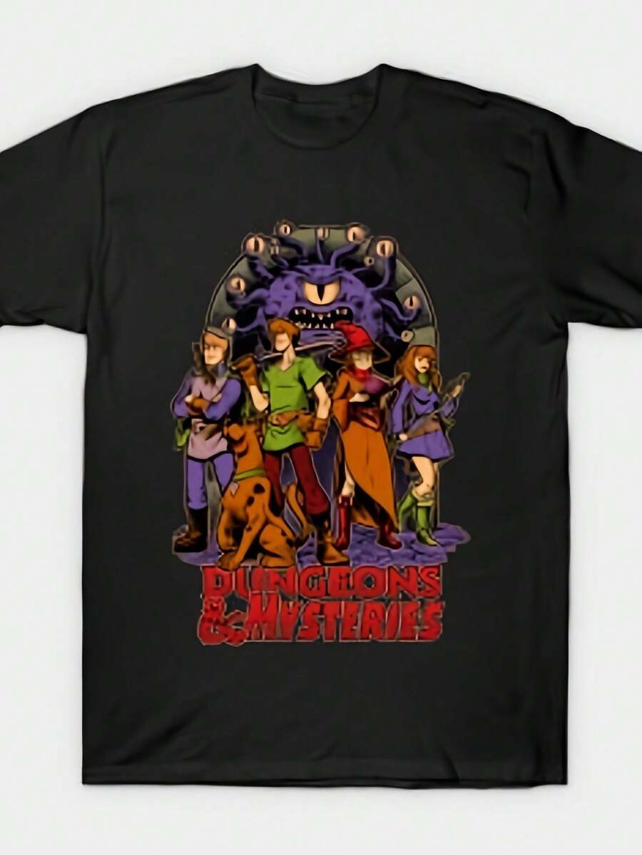 [Vintage Cartoon T-Shirt]  Pure Cotton Dungeons And Mysteries - RPG Vintage Dog Cartoon T-Shirt - Loose Design Anime Print Retro Round Neck Men's Short Sleeved T-Shirt 275G - 黑色 - 查看 1