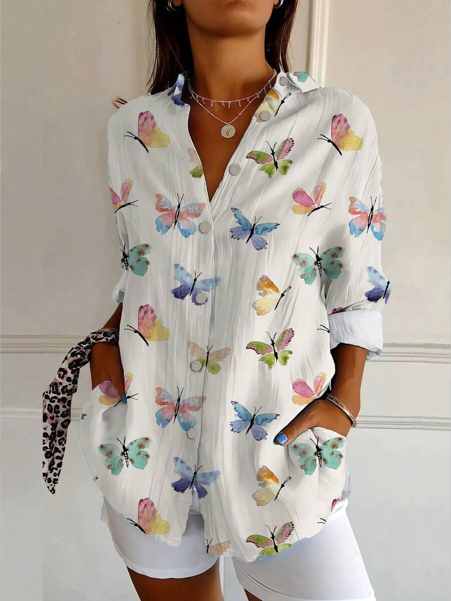 Women's Long Sleeve Blouse Fashion Floral Print Spring Summer New Arrival Casual Loose Fit Tops Comfy Relaxed Shirt Flowy Chic Streetwear Style - Beige - View 1