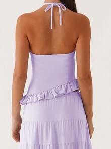 Women's 2 Piece Skirt Outfits Halter Neck Ruffle Trim Tops Long Flowy Skirt Set - 紫色 - 查看 3