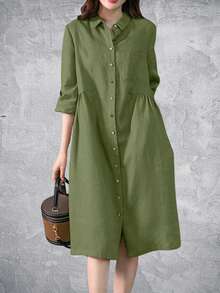 Women Pleating Casual Long Sleeve Shirt Dress Holiday Loose Solid Colour Long Dresses - Green - View 3