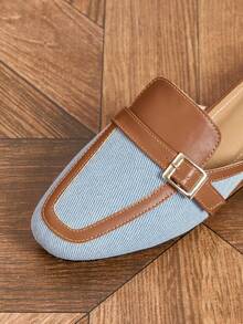 2025年秋季时尚低跟拼色穆勒鞋，舒适圆头包头一脚蹬女式平底乐福鞋 - 藍色 - 查看 4