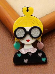 1pc Women Fashion Heart-Shaped Glasses, Earrings, Acrylic Brooch, Accessory For Clothes, Backpacks - Yellow - View 2