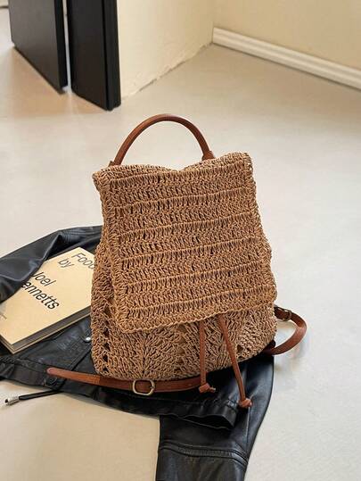 BAILEE 1pc Fashionable Summer Vacation Style Khaki Solid Color Straw Drawstring Backpack, Hollow Woven, Women's Flap Straw Backpack, Suitable For Vacation Travel, Shopping With Friends, Tropical Beach And Other Occasions, Perfect With Backpack Accessories, Can Be Used As A School Backpack, Large Capacity Backpack, School Backpack, Ideal Choice For The First Day Of Back To School, Large Capacity, Waterproof, Lightweight, Portable, Classic Casual.