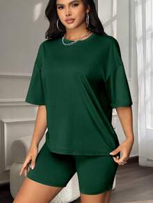 Women's Solid Color Casual Round Neck T-Shirt And Shorts Set - Dark Green - View 4