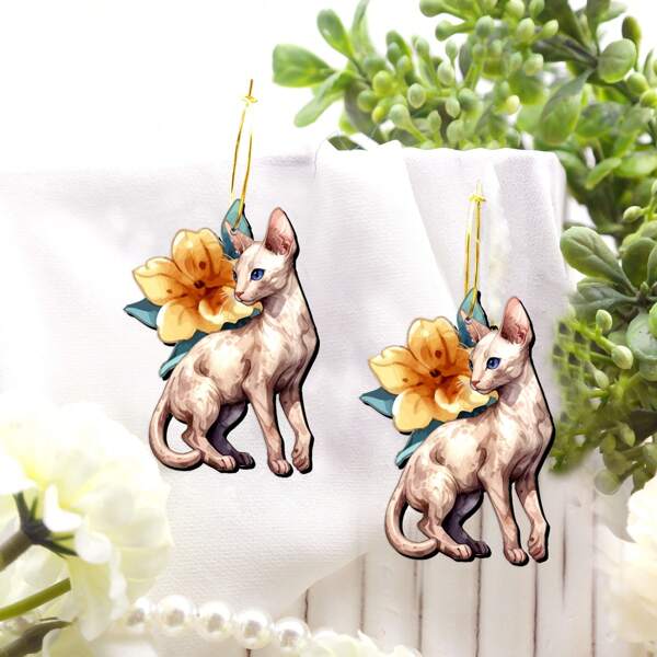 Brincos e Pingente de Madeira com Flor Amarela e Gatinho