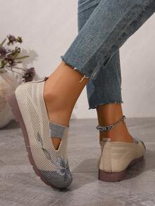 2025新款女士时尚休闲户外鞋，软底针织平底鞋，透气软底鞋，轻便一脚蹬 - 灰色 - 查看 4