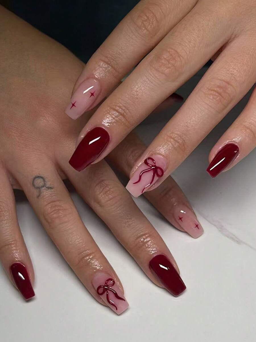 Bộ 24 miếng dán móng tay hình bướm 3D hình quan tài, vừa vặn hoàn hảo với móng giả acrylic, bao gồm: 1 miếng gel dẻo và 1 dũa móng. - Màu Đỏ Sâu - Xem 1