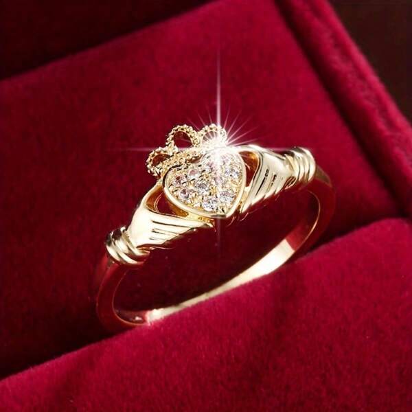 Hand Heart Design Zirconia Inlaid Ring, Luxury Style Finger Ring Jewelry Accessories, Popular Fashionable Item In Europe, US And Japan, Minimalist Elegant, Copper Micro-Inlaid Closed Loop Women Ring