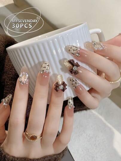 30 Pieces Of Almond Shaped Pressed Fake Nail Patches, Faux Pearl Sparkling Rhinestone Bow, Sweet And Cool French Style Women'S Fingernail Patches, Fingertips, Matched With 1 Piece Of Jelly Glue And 1 Piece Of Rubbing Strip, Suitable For Women'S Parties, Dances, Daily Casual Wear, Detachable And Reusable Press On Nails Nail Supplies Nails