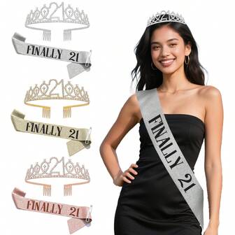 21st Birthday Sash & Rhinestone Tiara Set, 21st Year Old Birthday Gifts For Her Party Supplies Decorations For Women (Glitter Silver&Glitter Golden&Glitter Rose Golden) Valentine's Day Accessories