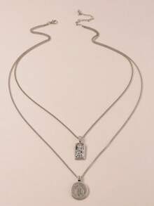 1 Pc Double-Layer Metal Coin Necklace, Suitable For Everyday Wear - Silver - View 4