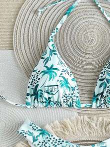 Women's Tropical Print Spaghetti Strap Triangle Bikini 2 Pieces Set, Suitable For Island Vacation And Photography - Multicolor - View 3