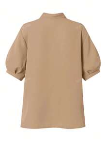 女士纯色休闲/工作服短袖蝴蝶结衬衫